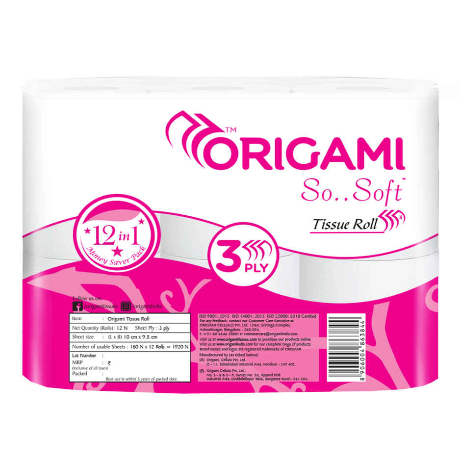 Origami 12 in 1 Soft Toilet Tissue Roll | 3 Ply | 160 Pulls Each | Pack of 12