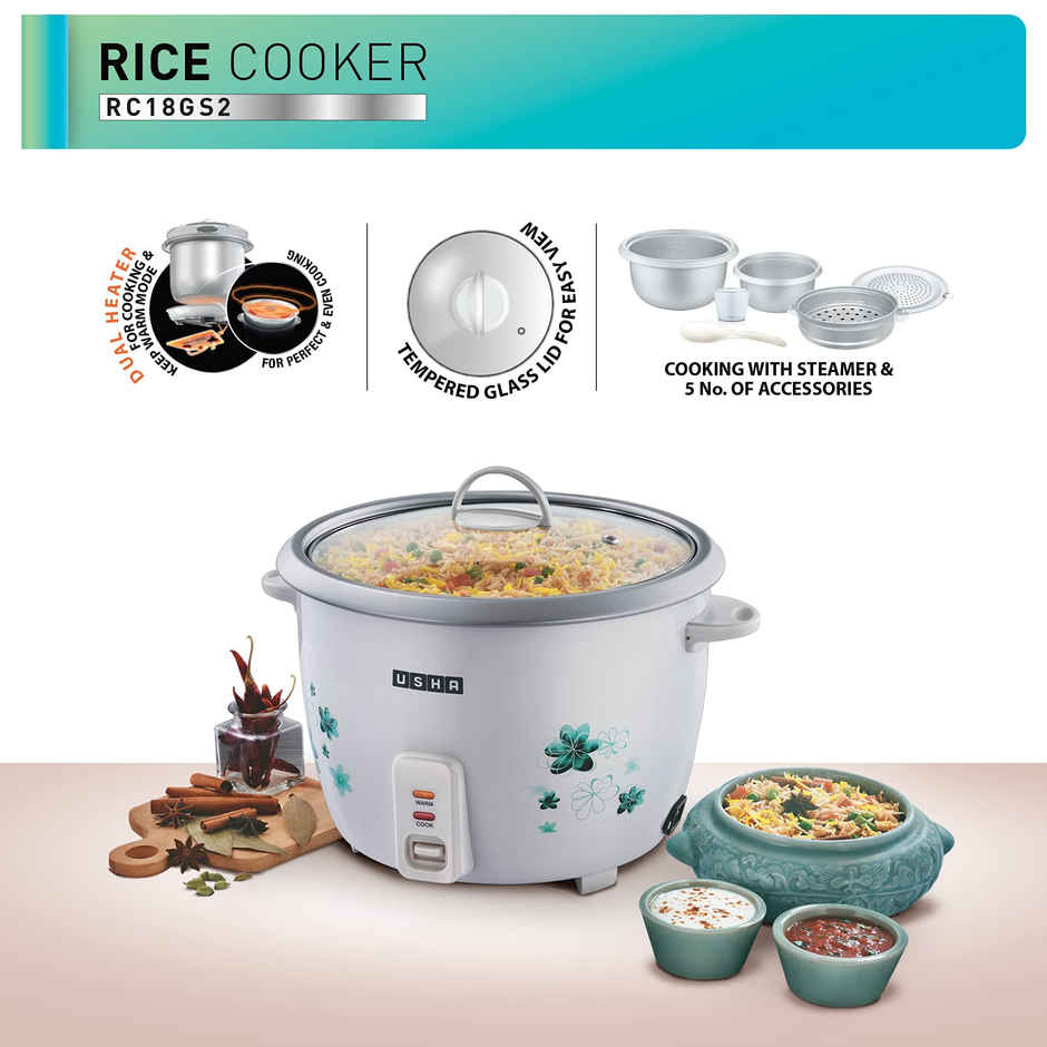 Usha Rice Cooker 1.8L (700W, Dual Bowls, Steamer Basket, Keep Warm Mode, Tempered Glass Lid, White)