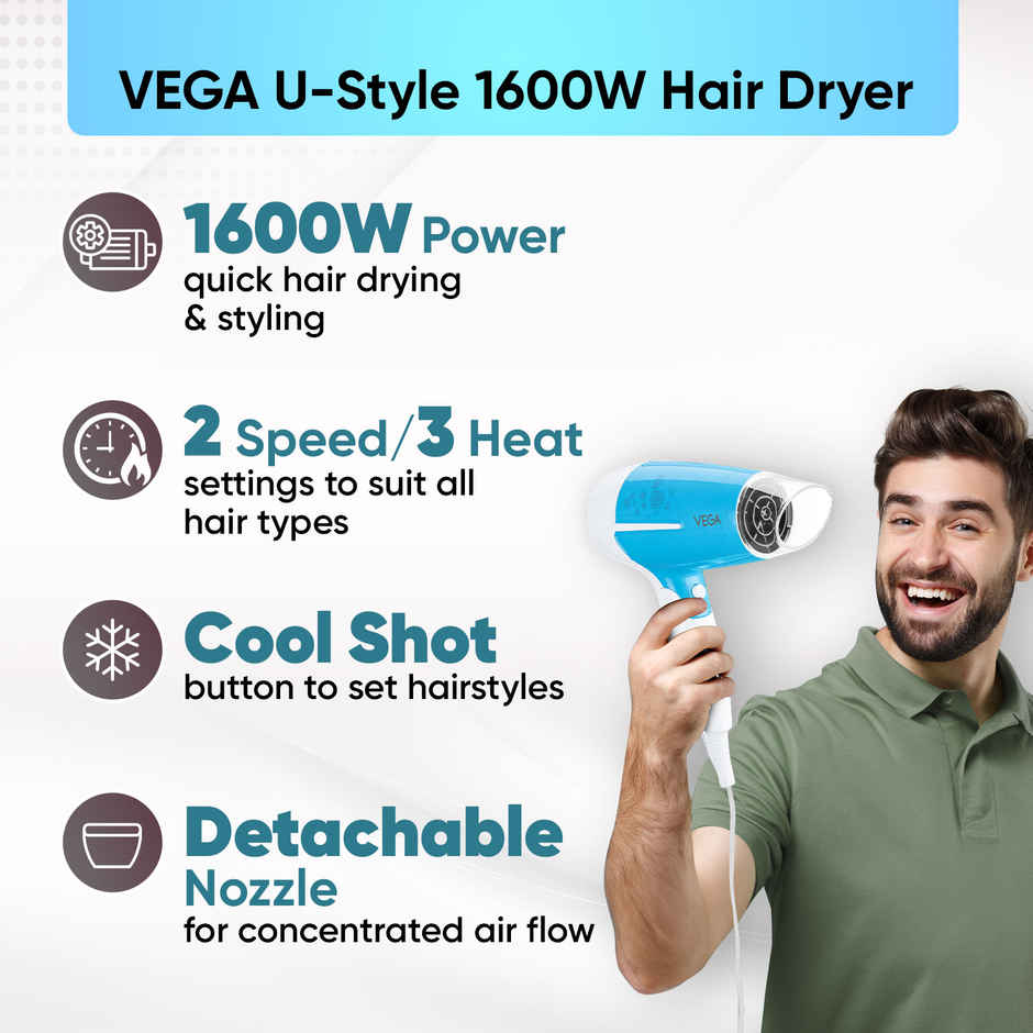 Vega U-Style Foldable Hair Dryer | 1600W | 2 Speed & 3 Heat | Cool Shot | VHDH-32