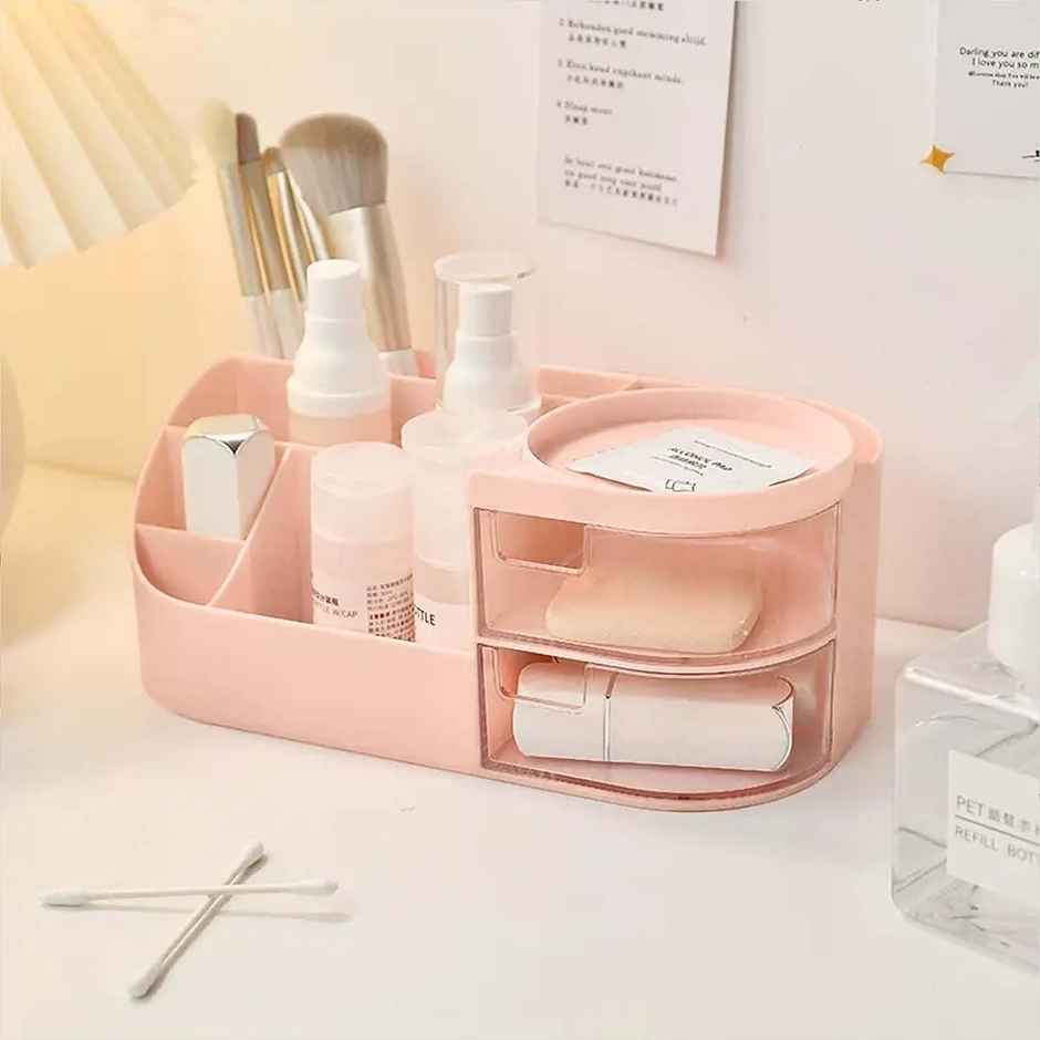 Perpetual Elegant Makeup Organizer with Transparent Drawer for Cosmetics, Skincare (Pink)