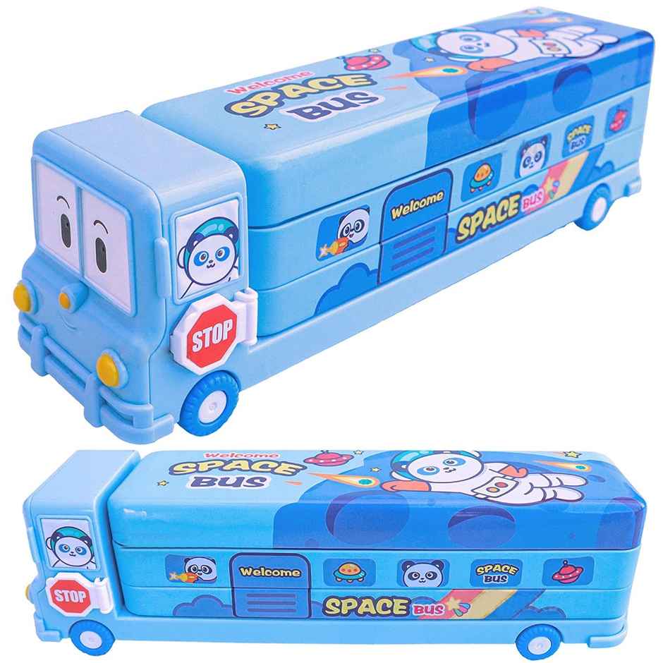 Toyshine Cartoon Printed School Bus Metal Pencil Box With Moving Tyres And Sharpener For Kids - Blue