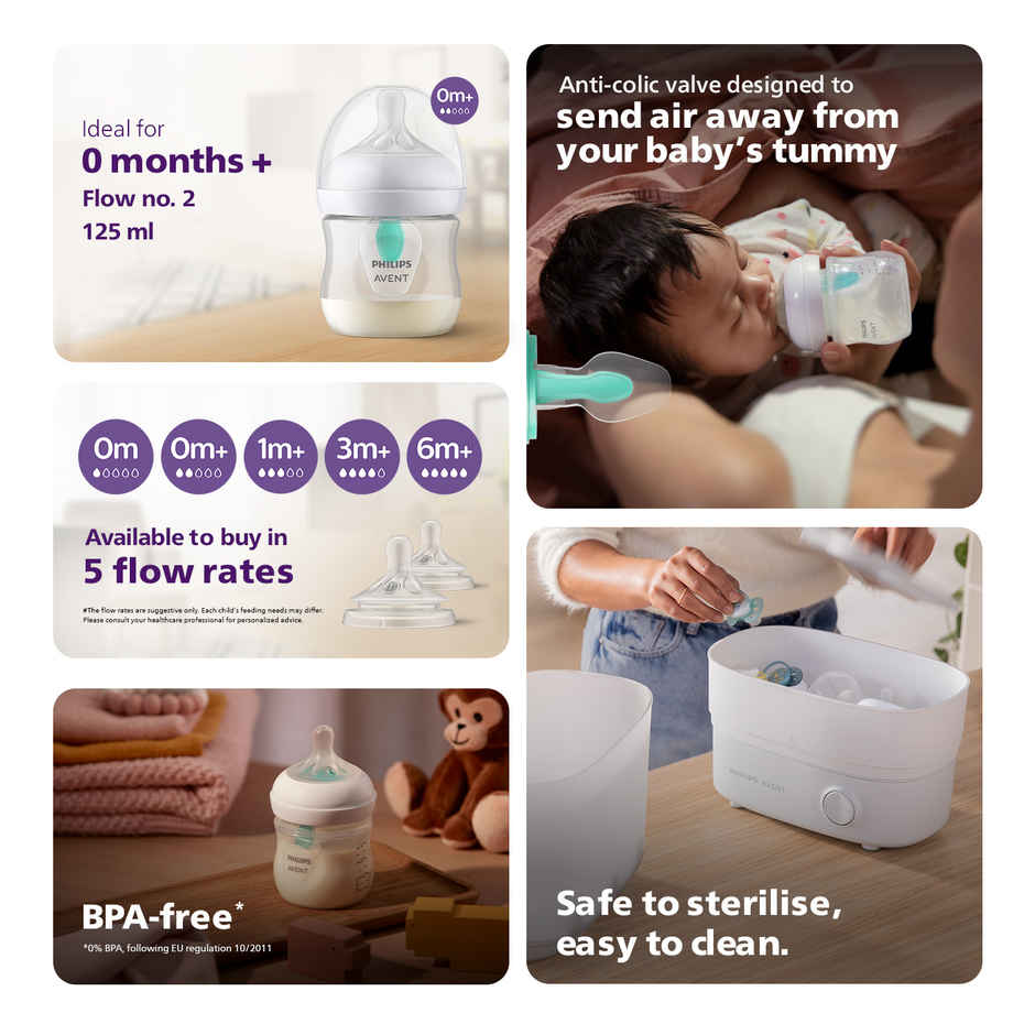 Philips Avent Natural Baby Feeding Bottle with Airfree Vent| 0m+| 125ml| Pack of 1 | SCY670/01