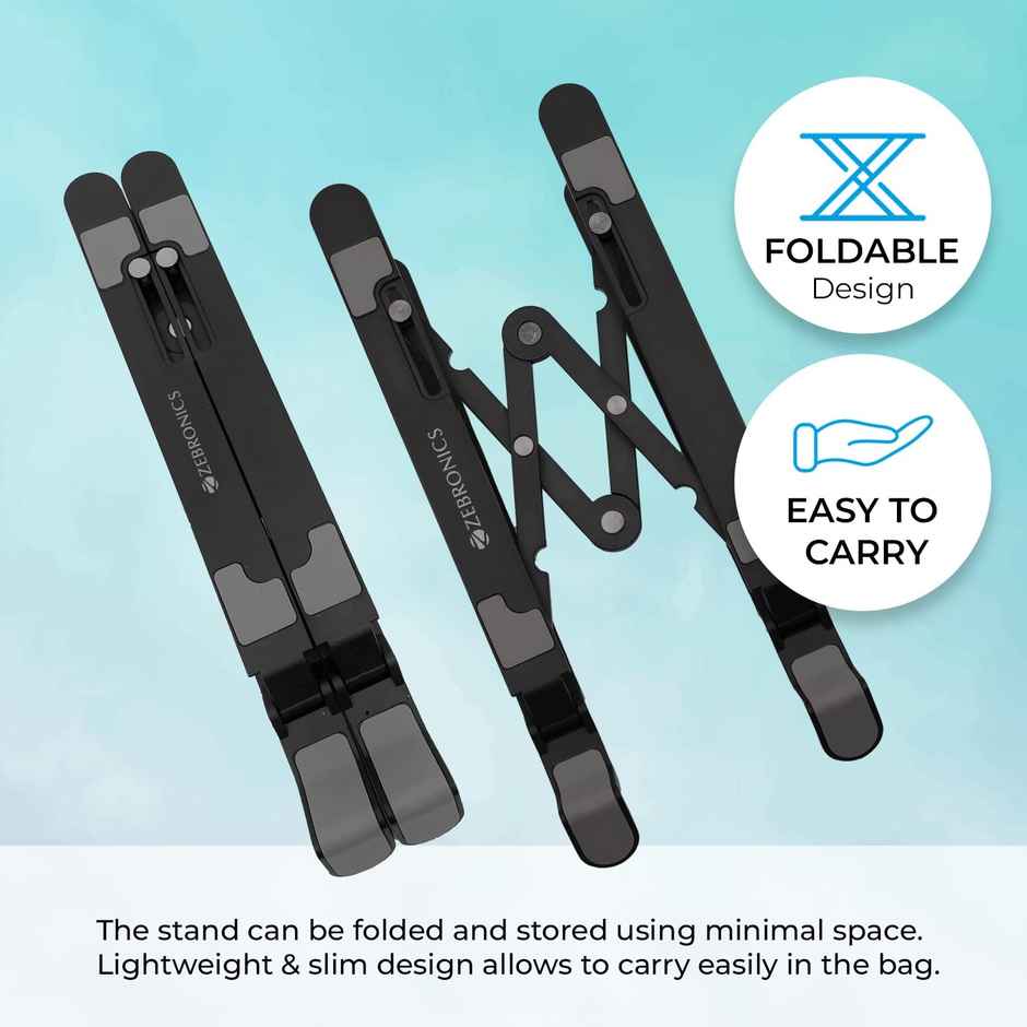Zebronics NS1500 Laptop Stand Featuring Foldable Design, Anti-Slip Silicone Rubber Pads, Supports Maximum of 5kgs Weight Tabletop - Black