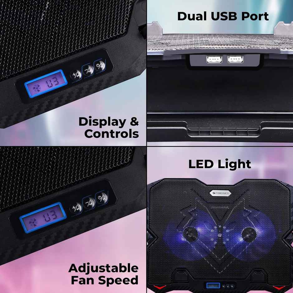 Zebronics NC5500D Powerful Laptop Cooler with Dual 125mm Fans, Silent Operation, Adjustable Fan Speed, Display, Controls, USB, 5 Step Retractable Stand and Mobile Holder - Black