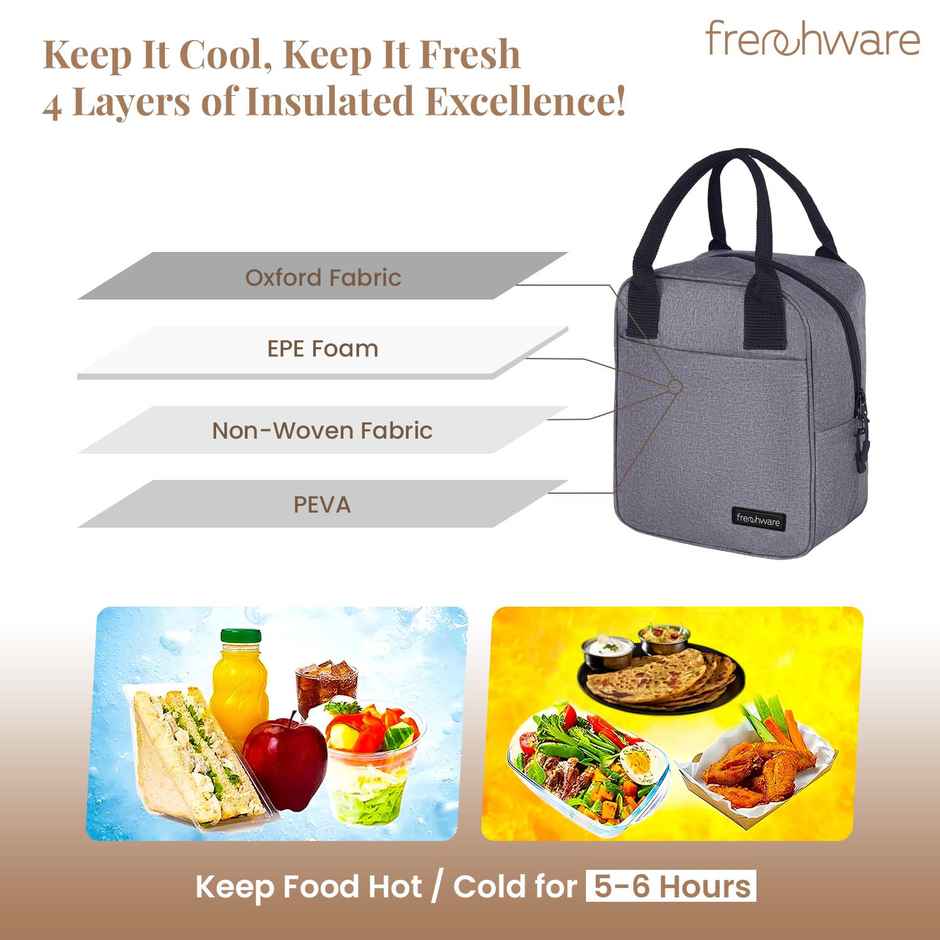 Frenchware Insulated Nylon Lunch Bag, Office Tiffin Bag | 7 L, 15 kg capacity - Grey