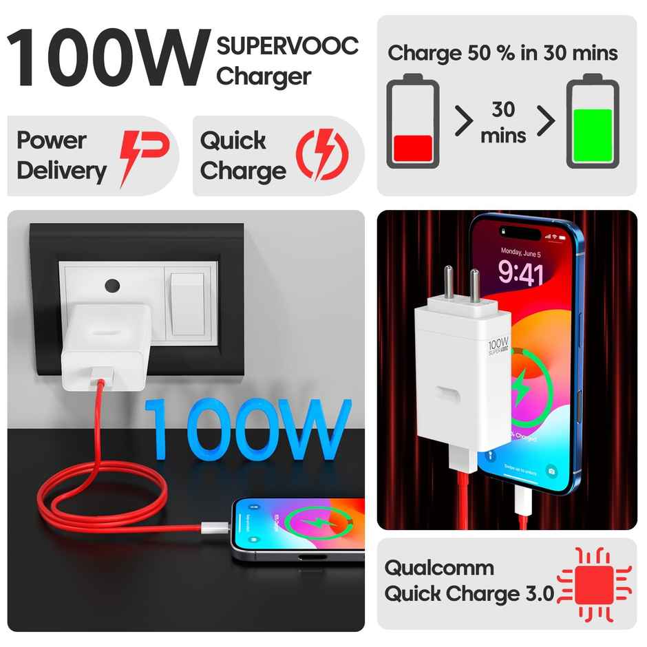 Sounce OnePlus SuperVOOC 100W Ultra Fast Charger & USB to C Dash Cable, White