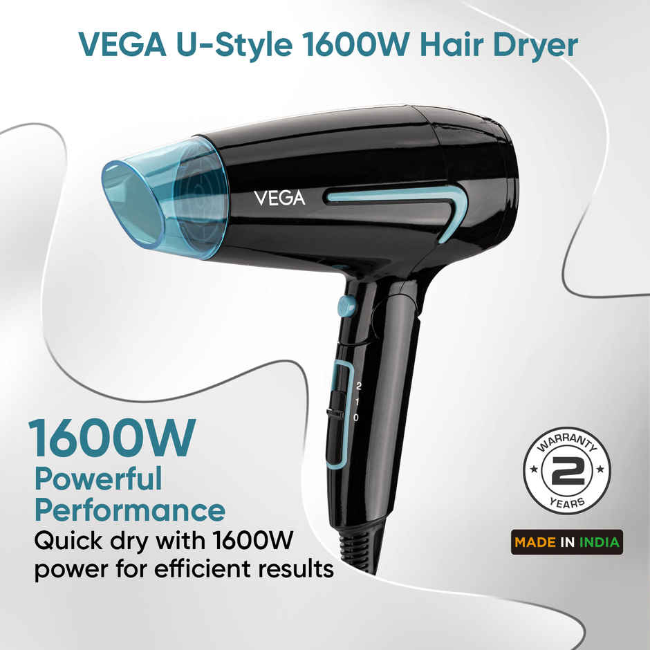 Vega U Style 1400-1600W Foldable Hair Dryer with Cool Shot Button, 2 Speed/Heat Settings, (VHDH-24), With 16 A Plug