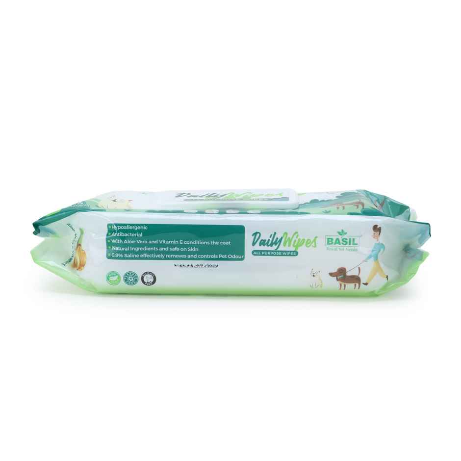 Basil Daily Pet Wipes for Dogs & Cats | Enriched with Aloe & Castor Oil | 80 Pulls Per Pacl