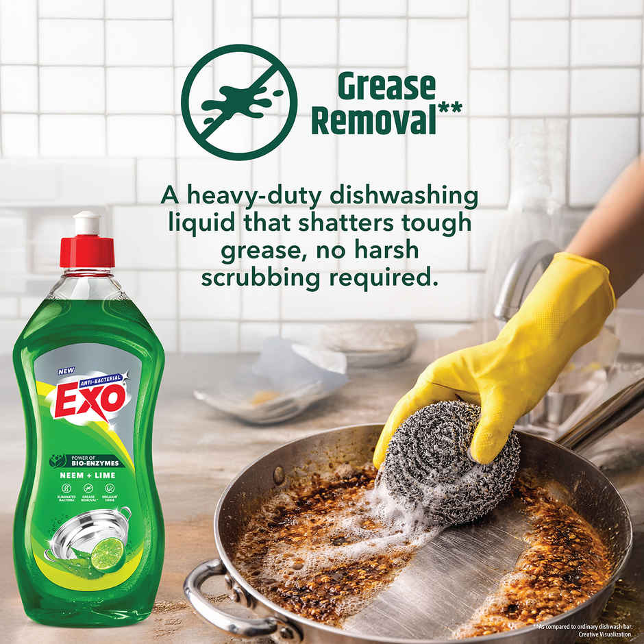 Exo Neem & Lime Anti Bacterial Dishwash Liquid | Tough Grease Removal with Power of Bio-Enzymes