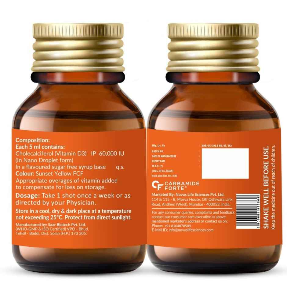 Carbamide Forte Vitamin D3 Shots 60000 IU | Vitamin D Supplement | 8 X 5 ML