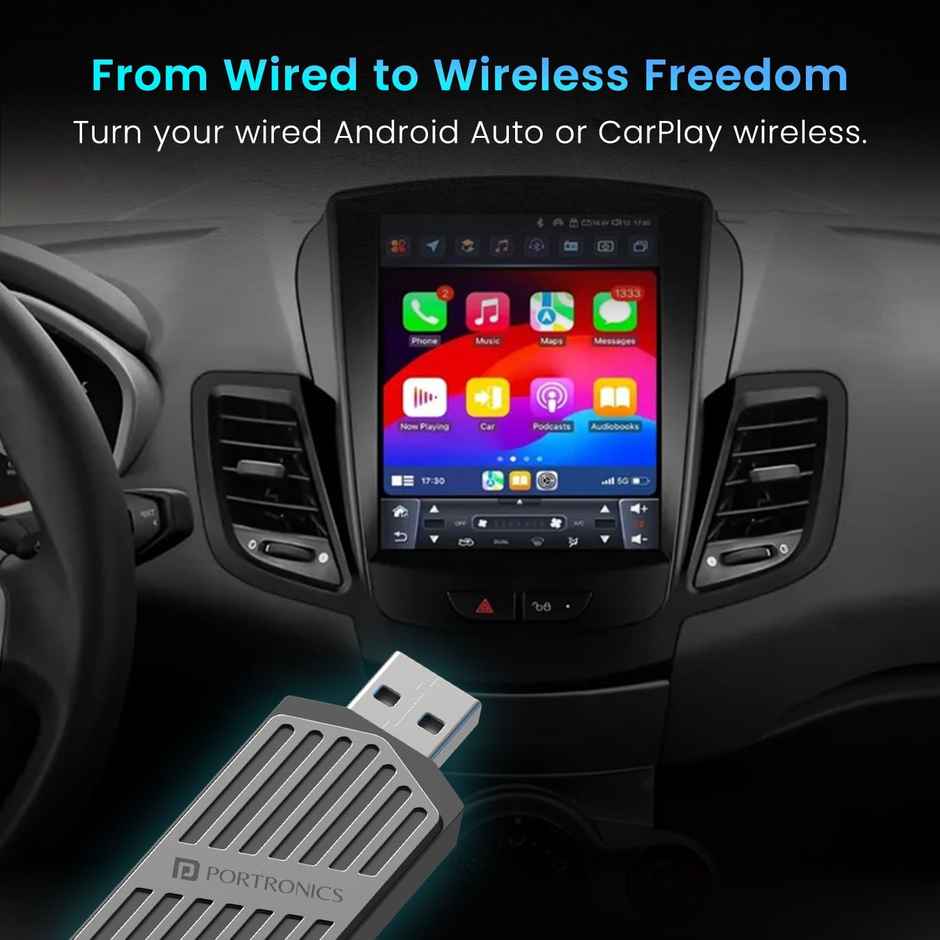 Portronics Tune Wireless Car Receiver, Converts Wired Auto Android & CarPlay to Wireless | Black