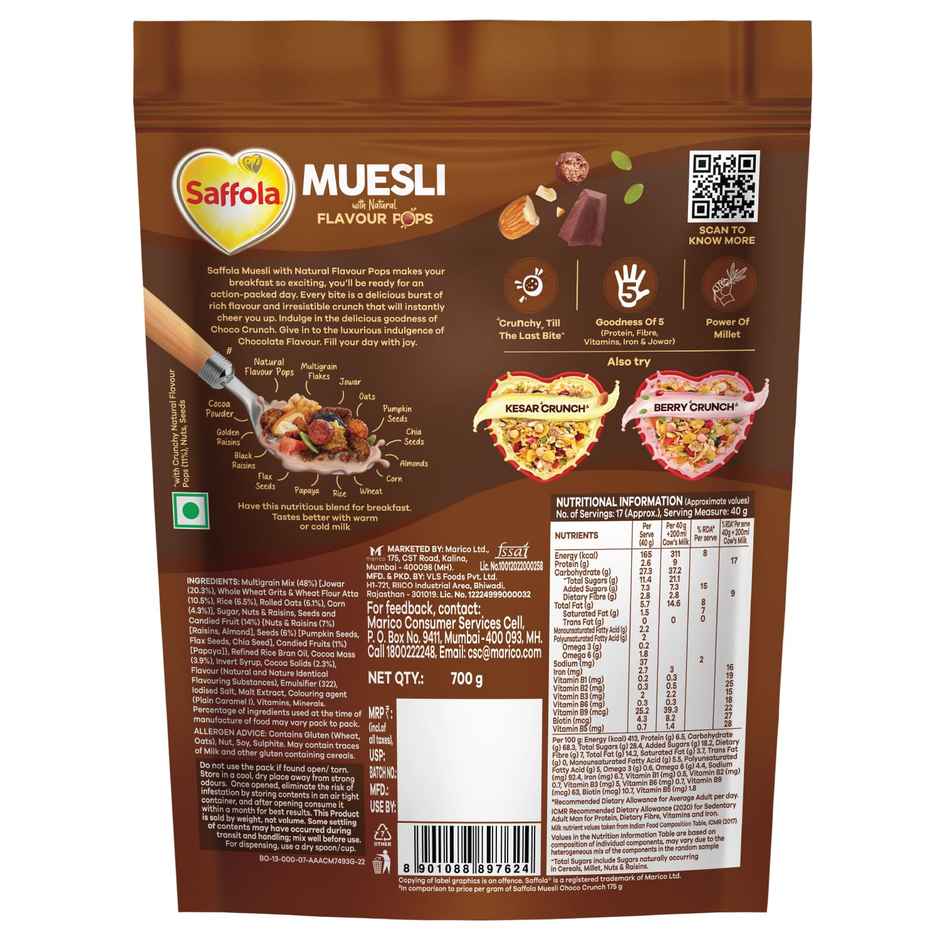 Saffola Muesli Choco Crunch with Flavour Pops | 15 in 1 Fruit and Nuts, Seeds | Millet & more