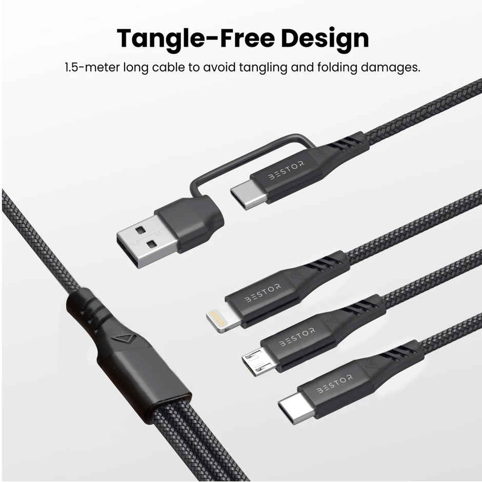 Bestor 60W USB C Multi Fast Charging Cable Nylon Braided Cord 5-in-1 3A USB/C to Type C/Micro/Phone Fast Sync Charger Cable Compatible with Laptop/Tablet/Phone (1.5 M) - Black