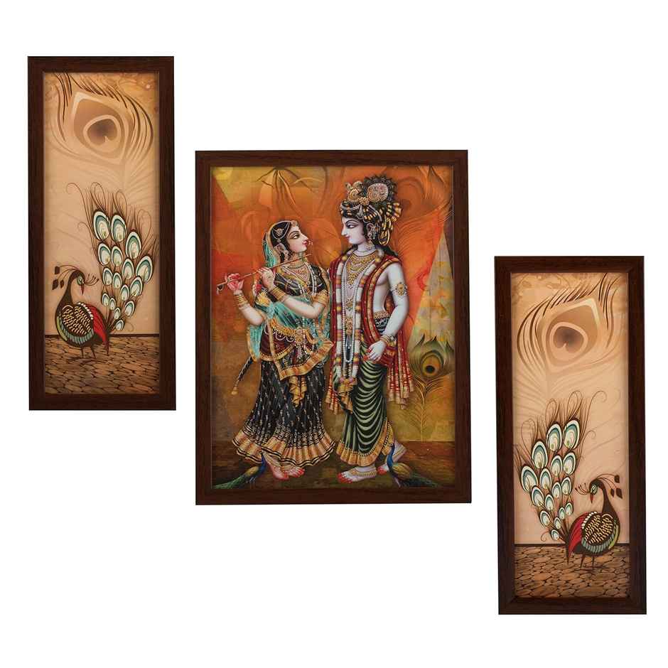 Indianara Set of 3 Radha Krishna Framed Art Painting without glass 6 X 13, 10.2 X 13, 6 X 13 Inch