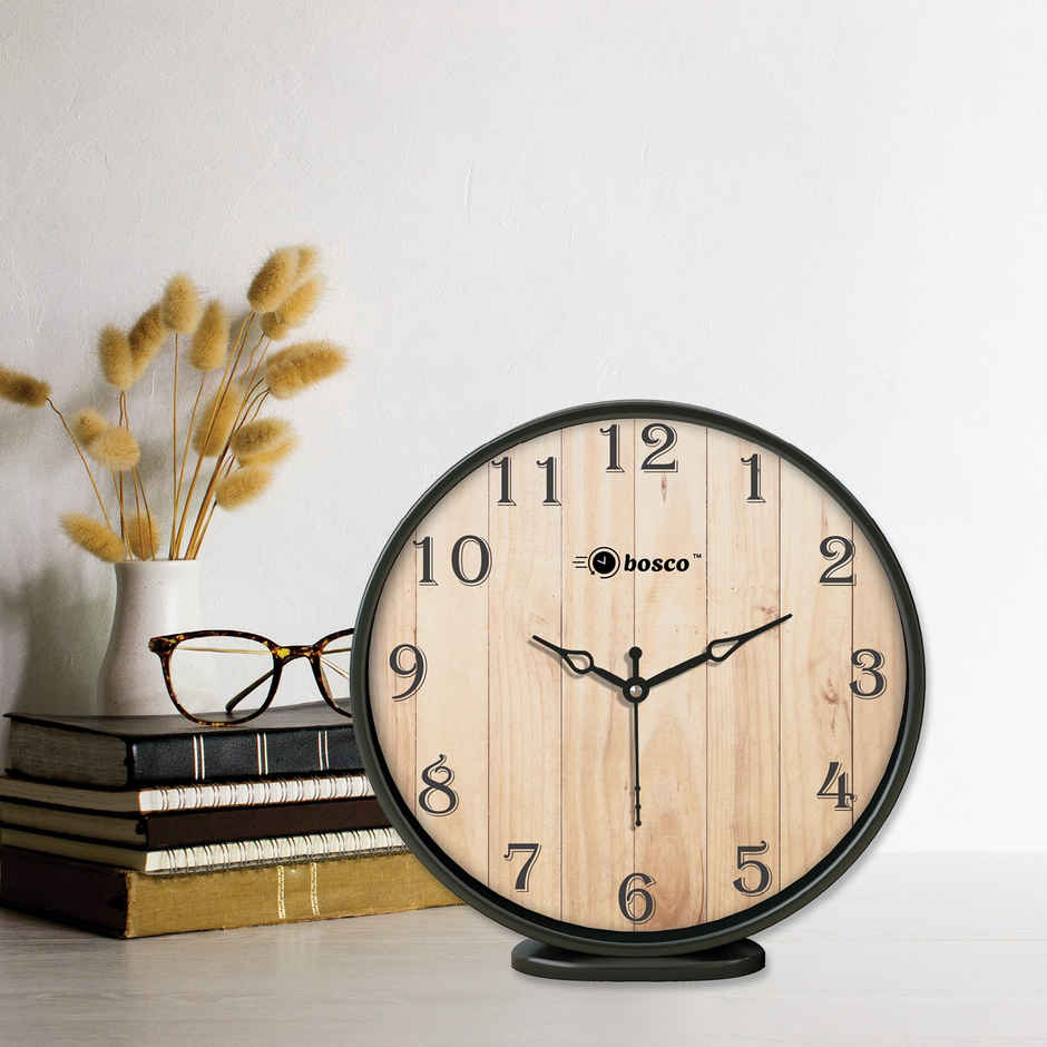 Bosco Modern Silent Wooden Face with Black Frame 20 CM Table Cum Wall Clock BWC 1201