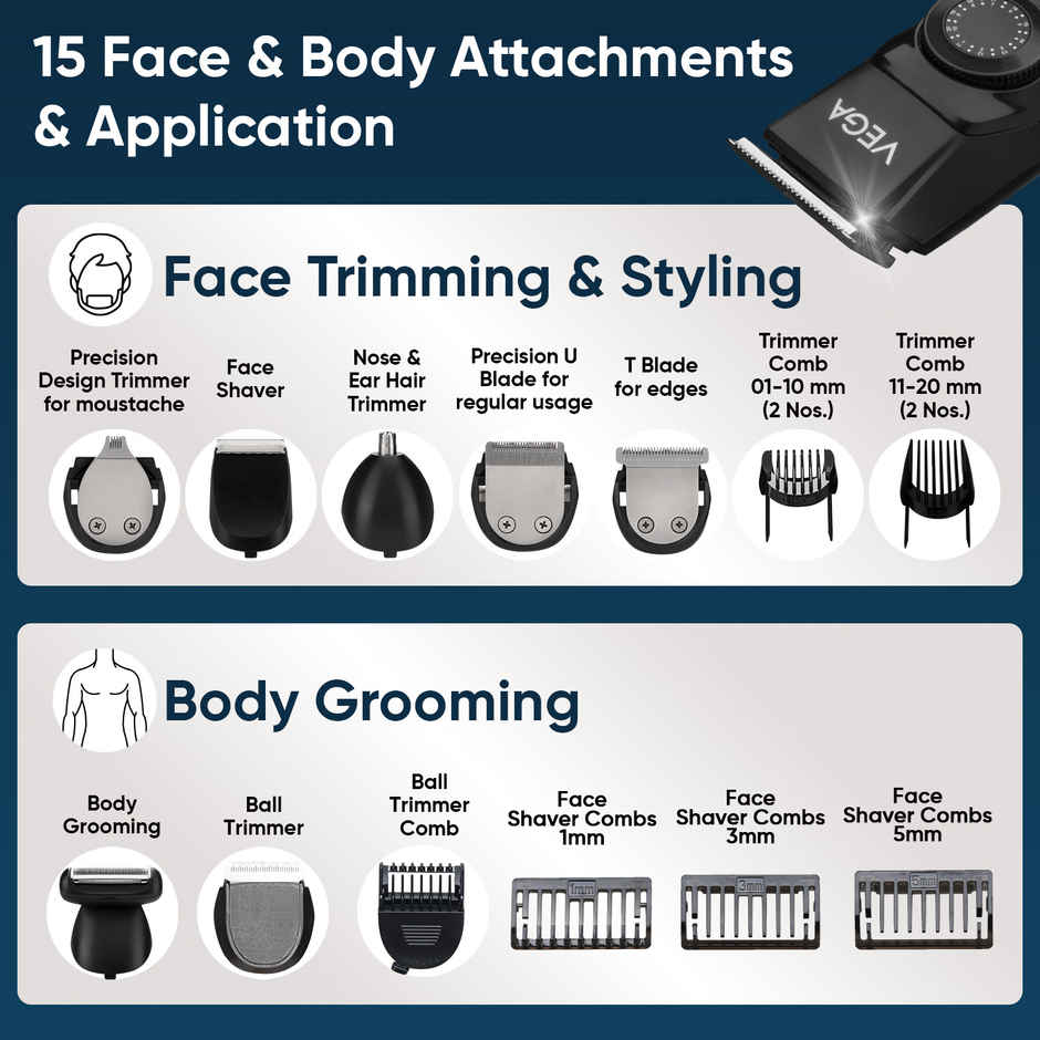 Vega OG 15 in 1 Trimmer for Men | 3 Hrs Runtime | USB Type C | VHTH-37