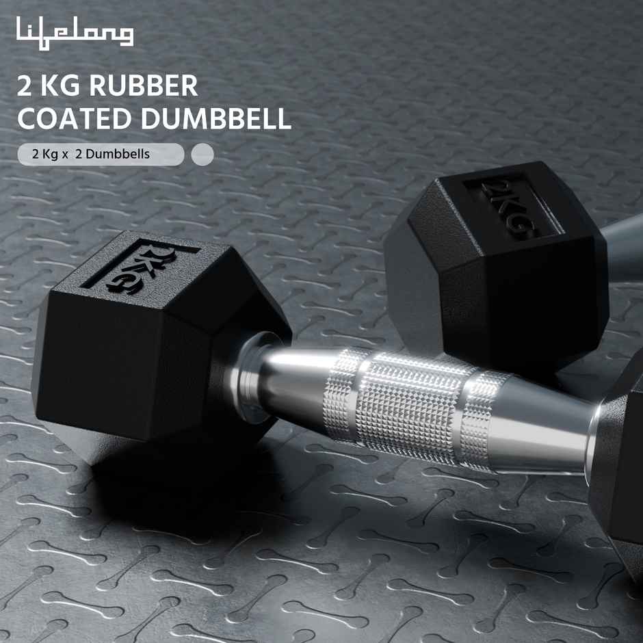 Lifelong Hex Rubber Coated Dumbbell Set (2 kg X 2) | Black | Home Workout | Fitness Barbell