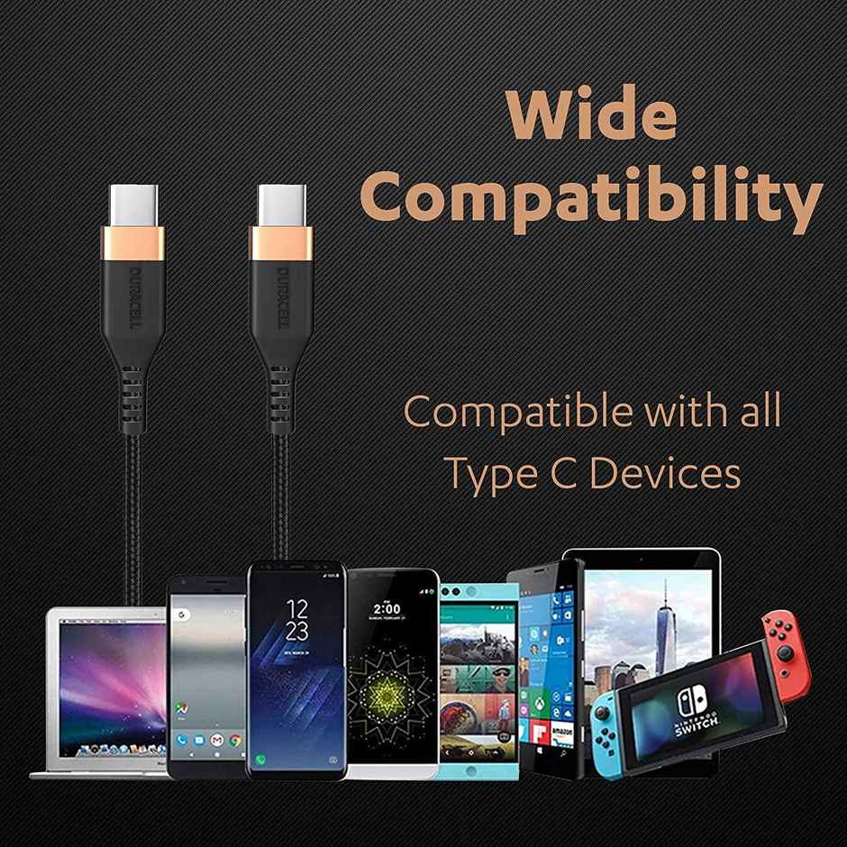 Duracell USB Type C To Type C USB Cable 4A(60W) Braided Sync& Charging Cable,Compatible With Mobile,Laptop,Tablets&Macbook,3.9 Feet(1.2M) Supports Power Delivery(Pd) With Rapid Data Transmission - Black