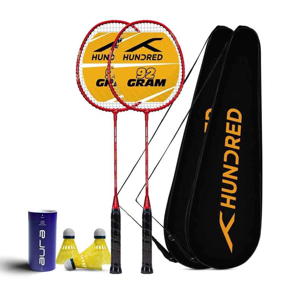Hundred Powertek 200 | 2 Strung Rackets With 2 Full Covers With 3 Pc Aura Nylon Shuttlecocks
