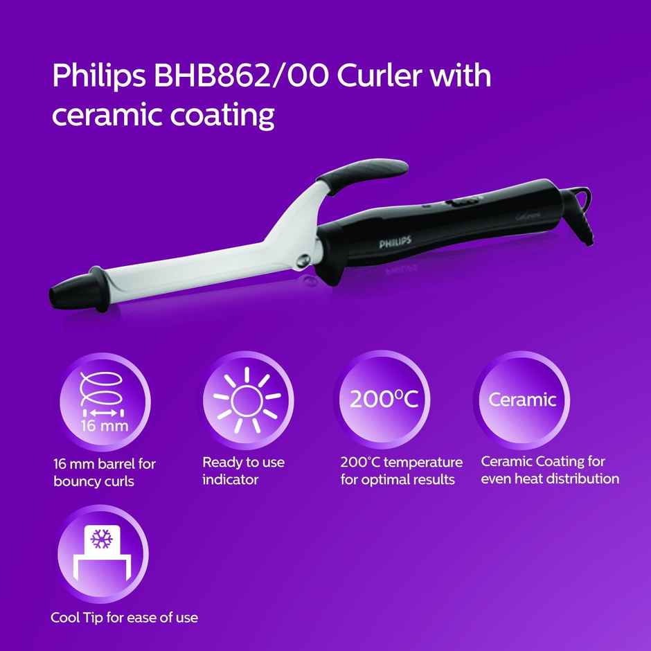 Philips Hair Curler with 16mm Barrel|Ceramic Coated Barrel for Long-Lasting Bouncy Curls|BHB862/00