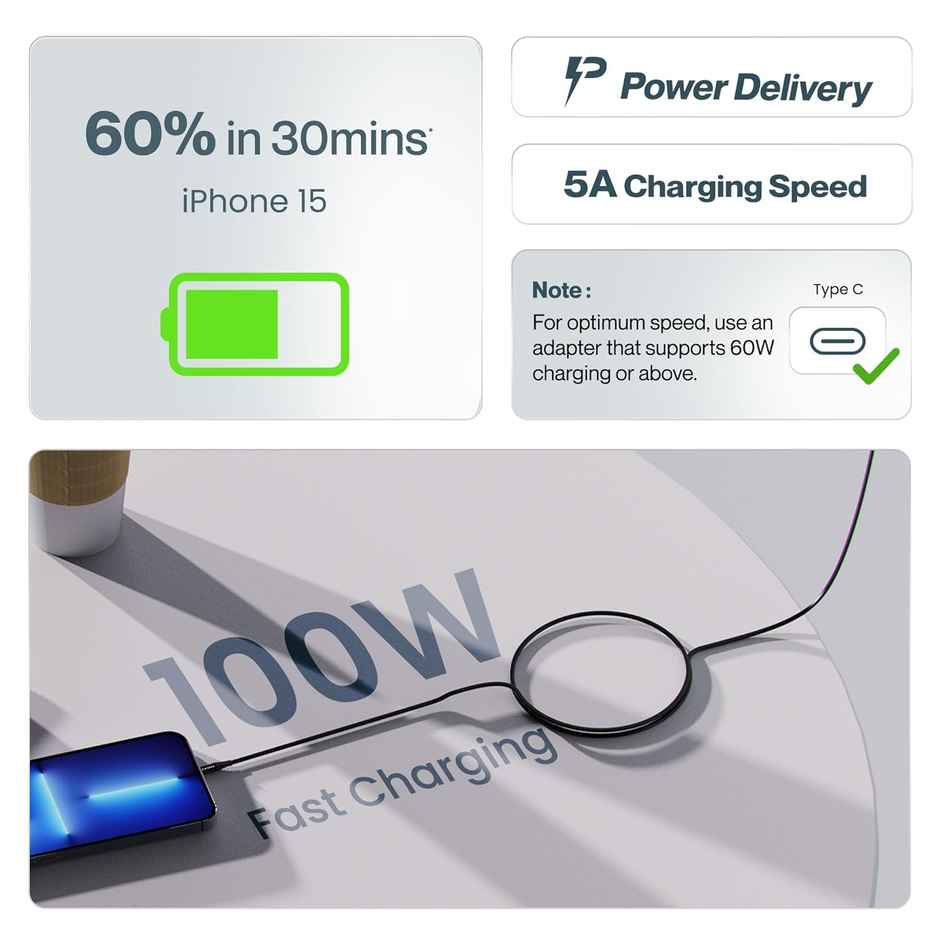 Ambrane (ABCC-100) 100W Type C to C Fast Charging Cable, Braided Cable, 1.5m Length - Black