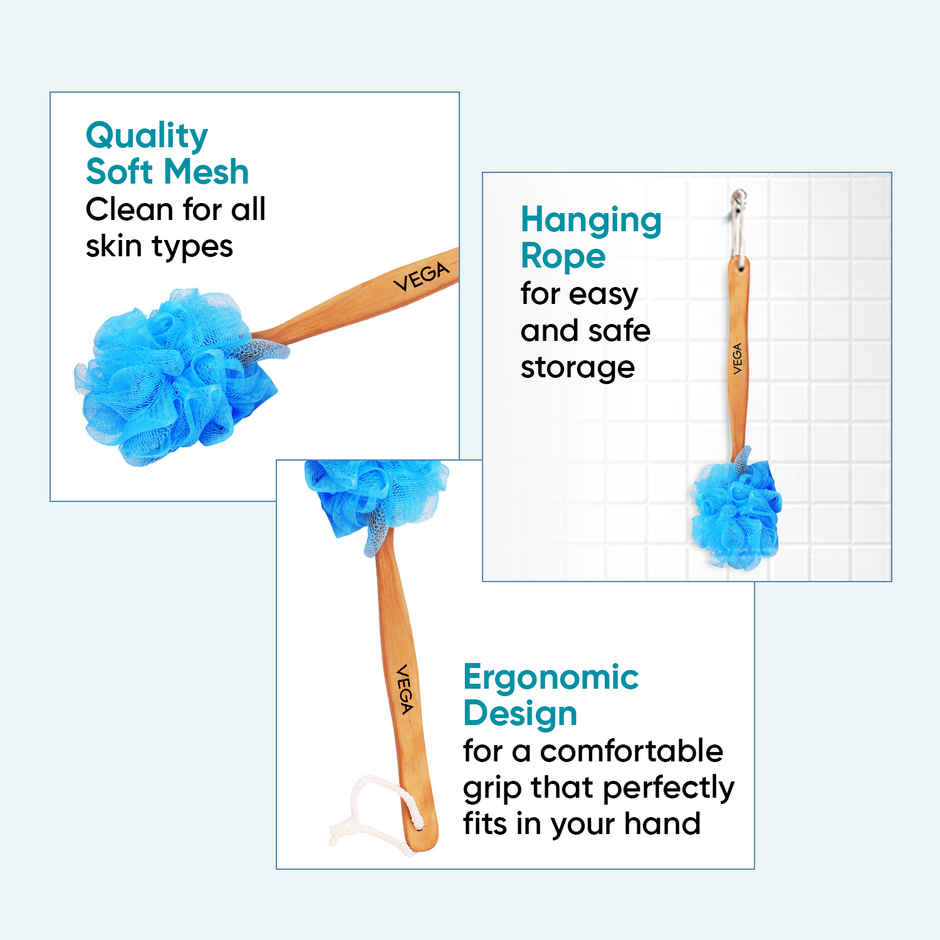VEGA Soft Bristle Bath Brush With Ergonomic Handle | Plastic | Color May Vary