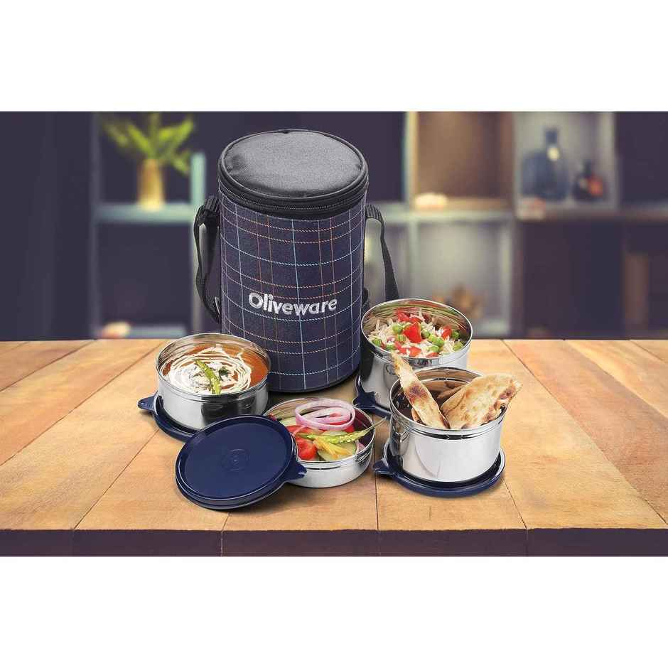 Oliveware Mega Lunch Box, 4 Stainless Steels- Blue