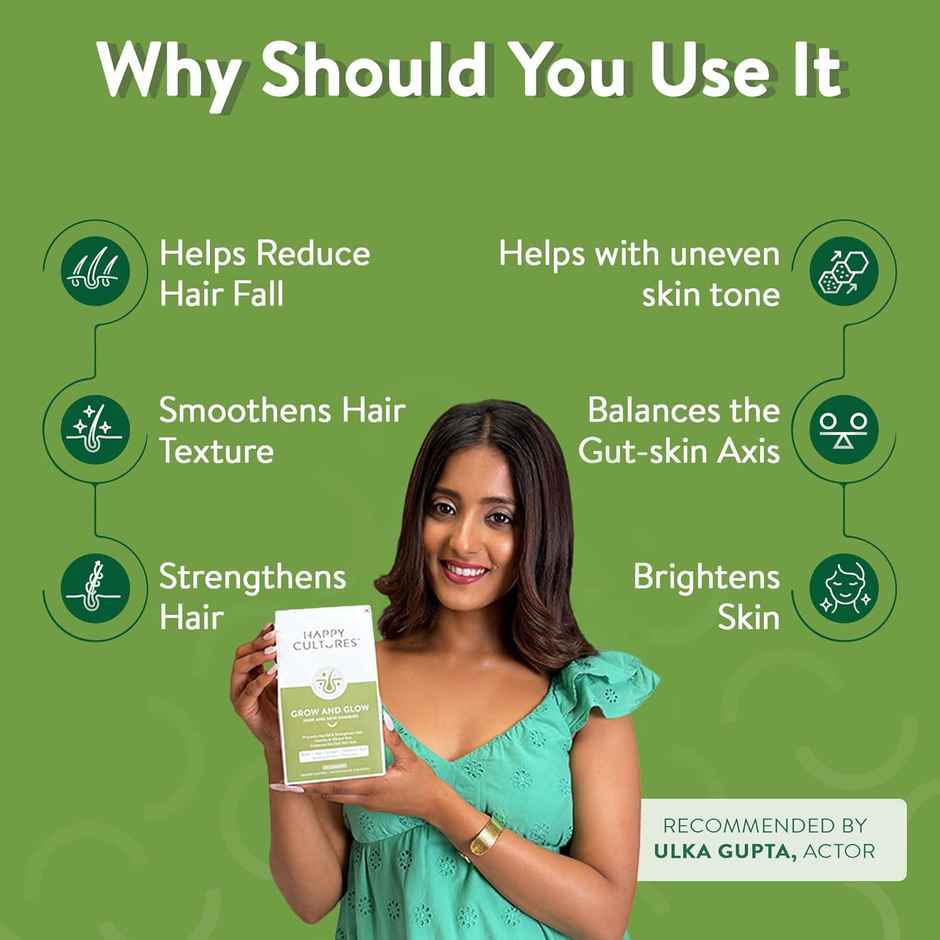Happy Cultures Grow & Glow | Biotin + Collagen | Hair Strength, Skin Glow & Hair Fall Control | 30 Gummies