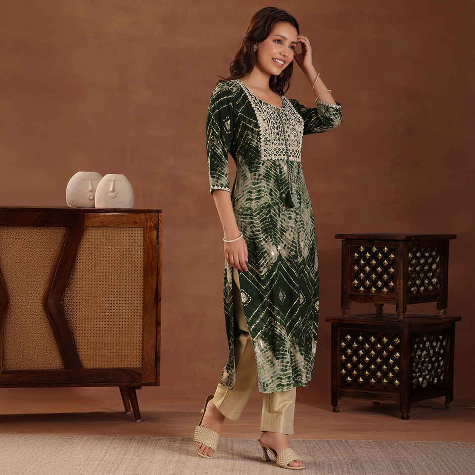 Libas Women's Printed Silk Straight Kurta | Green - XL