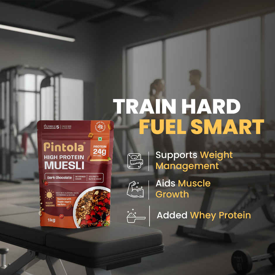 Pintola High Protein Muesli Dark Chocolate & Cranberry, 24 g Protein, High Fibre, Trans Fat Free