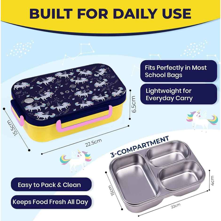 SOLARA Premium Stainless Steel Lunch Box for Kids | Leak Proof | Tiffin Box for Boys/Girls | Unicorn