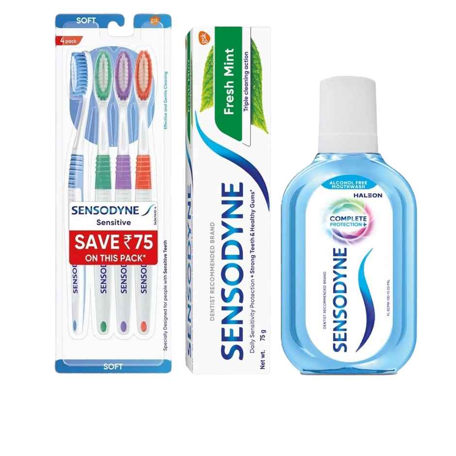 Sensodyne Toothpaste Fresh Mint (75g) & Sensodyne Mouthwash Complete Protection+ (100ml) & Sensodyne Sensentive Tooth Brush (4pc) Combo