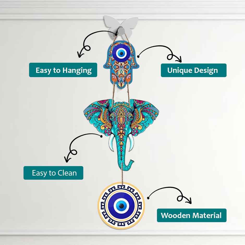 Daluci Wooden Wall Hanging For Home Decor | Hamsa Hand Peace Charm | Elephant