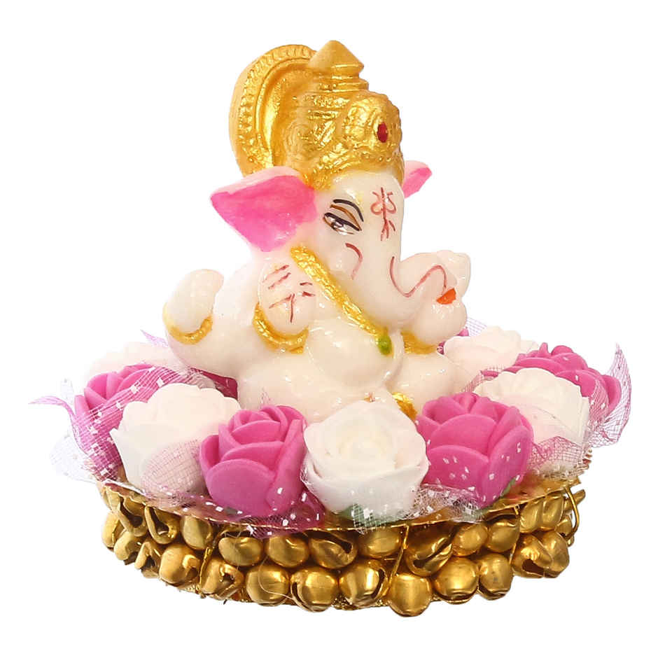 Resin Lord Ganesha Idol on Decorative Handcrafted Plate with Pink White Flowers | eCraftIndia