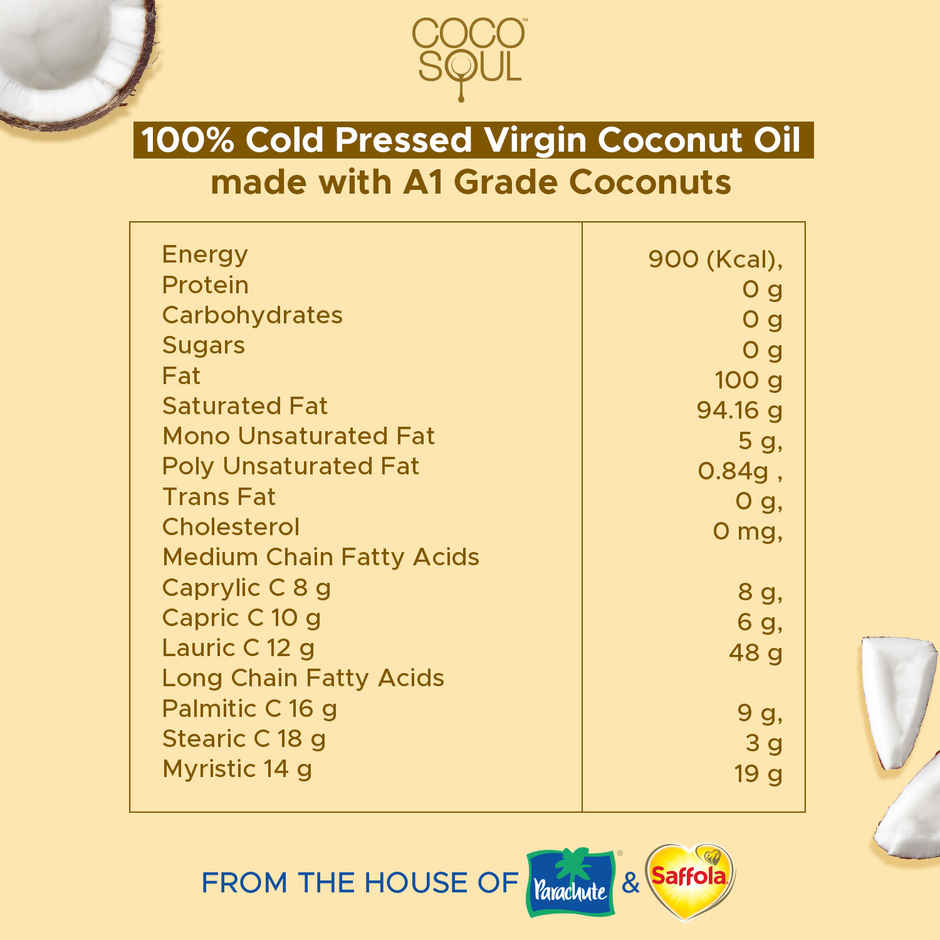 Coco Soul Cold Pressed Natural Virgin Coconut Oil, from the makers of Parachute