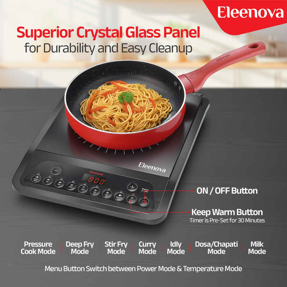 Eleenova Magnite 1200 W Induction-BIS-Safe, Fast-Heat Crystal Glass with Indian Presets