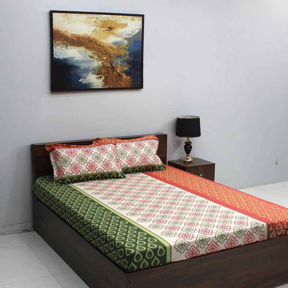 Bombay Dyeing Ivyrose 110 Tc 100% Cotton Queen Bedsheet With 2 Pillow Covers - Orange Green