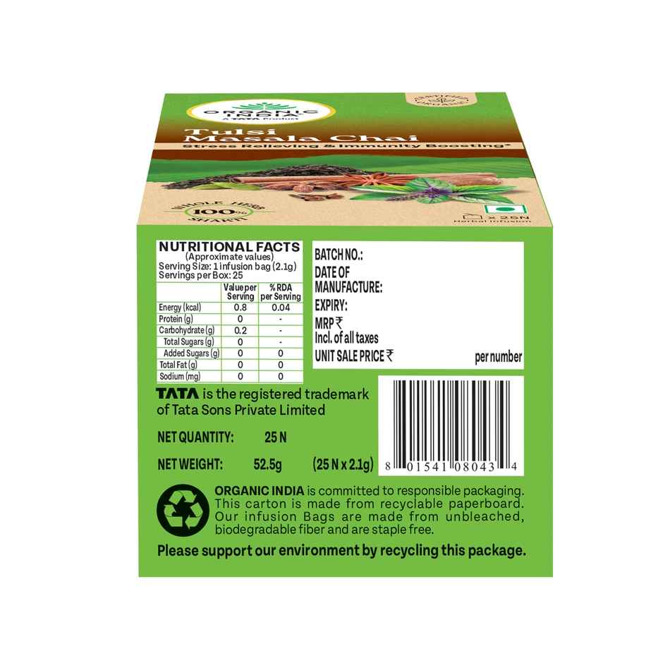 A TATA Product - Organic India Tulsi Masala Chai, 25 Tea Bags, Unbleached Filter Paper Tea Bags
