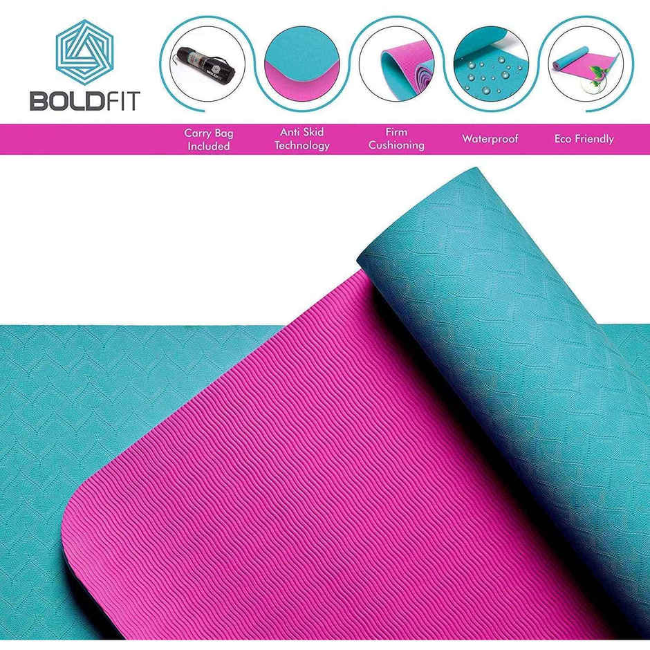 Boldfit Yoga Mat For Women And Men With Cover Bag Tpe Material Extra Thick 6Mm Green Pink