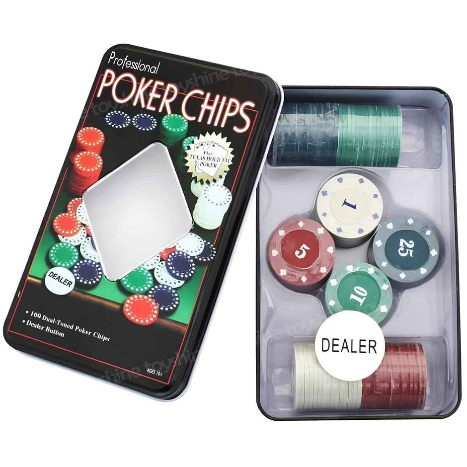 Toyshine Casino Style 100 Pcs Poker Chips Set in a Tin Case with 1 Dealer Button