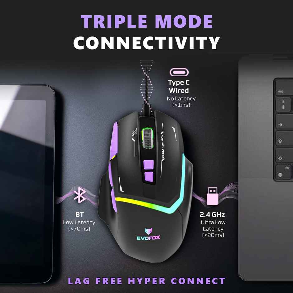 Evofox Banshee Tri-Mode Wireless Gaming Mouse | Pixart Sensor | 10000 DPI | 1000Hz Polling | 8 Buttons