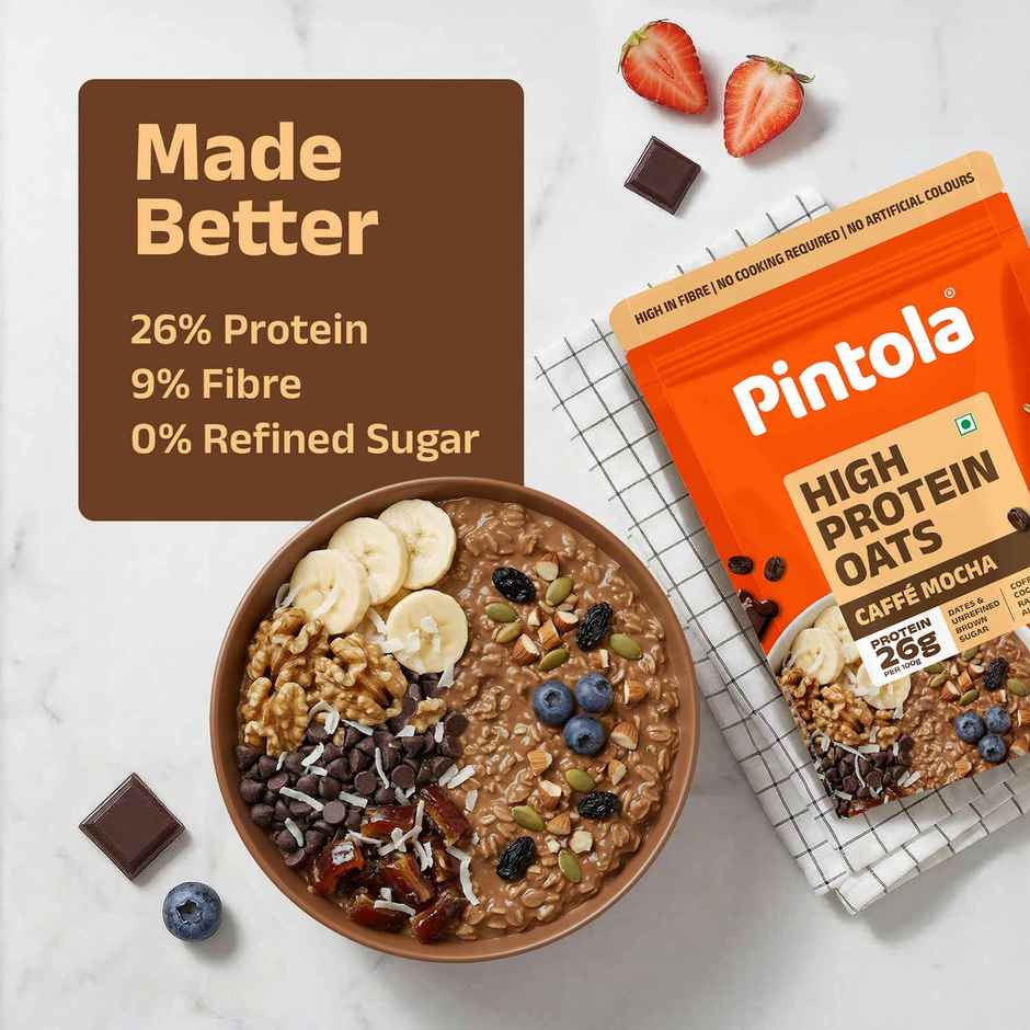 Pintola 26g High Protein Oats | Caffe Mocha - No Refined Sugar - With Almonds & Raisins