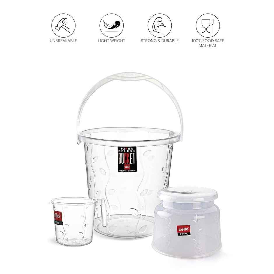 Cello Petal Bathroom Set | Bucket, Bath Mug & Bath Stool | Transparent | Set of 3