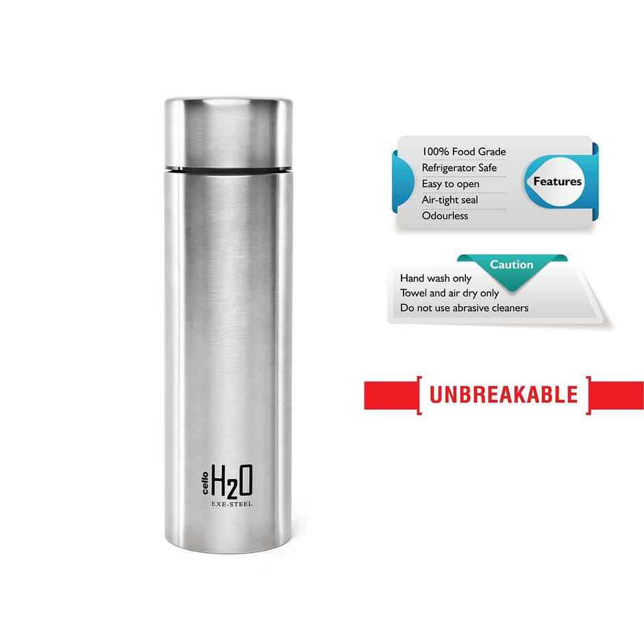 Cello Stainless Steel H2O Water Bottle | Silver | 1 L