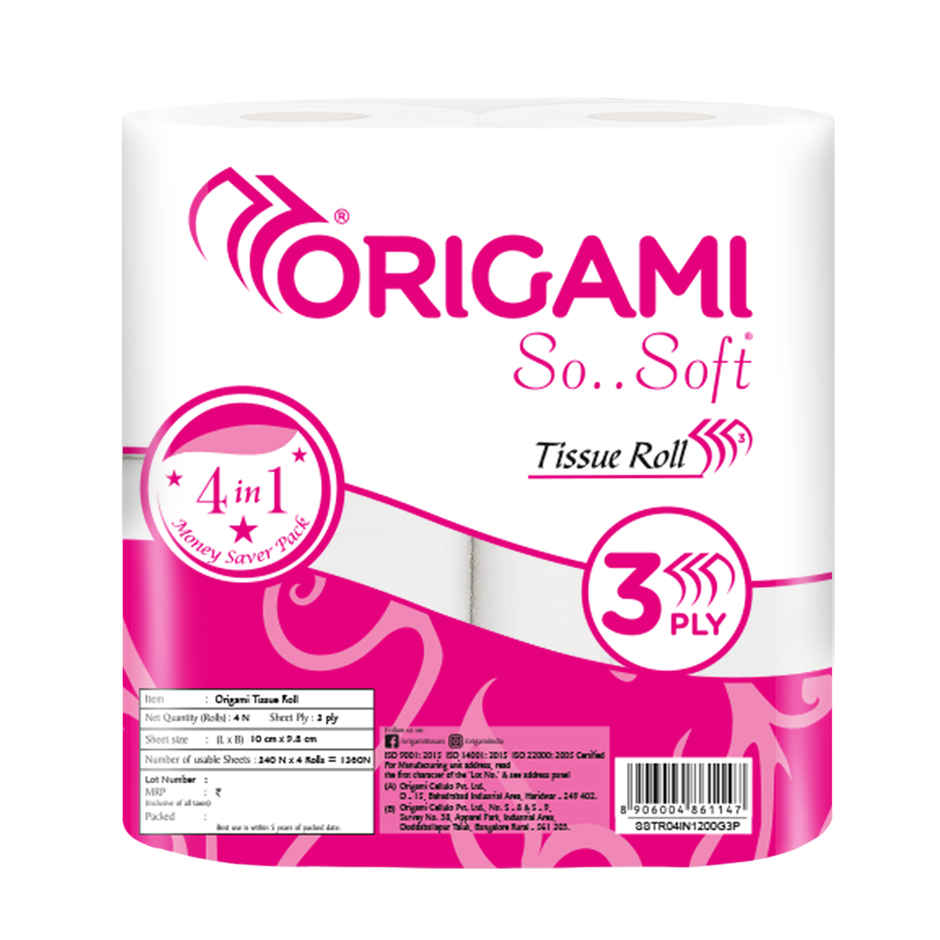 Origami Soft 4 in 1 Toilet Tissue Roll | 3 Ply | 340 Pulls Each | Pack of 4