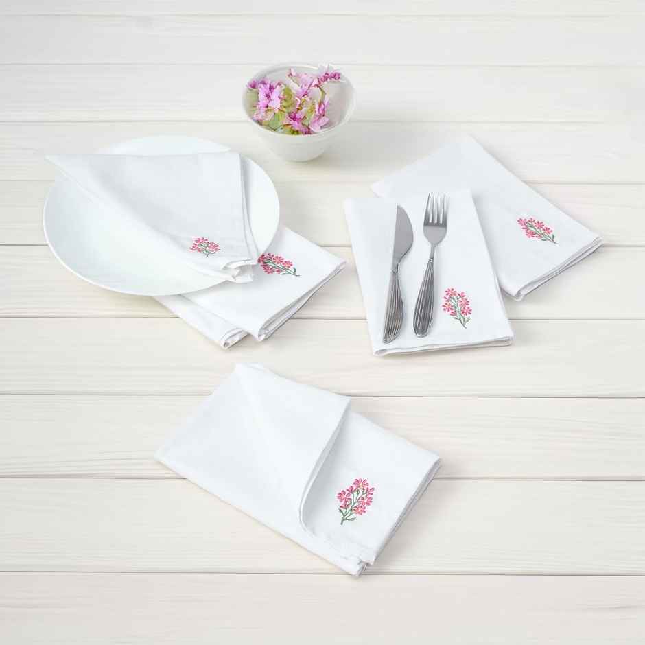 Encasa Xo Cotton Table Napkins White Flowers 43X43 Cm, Pack Of 6