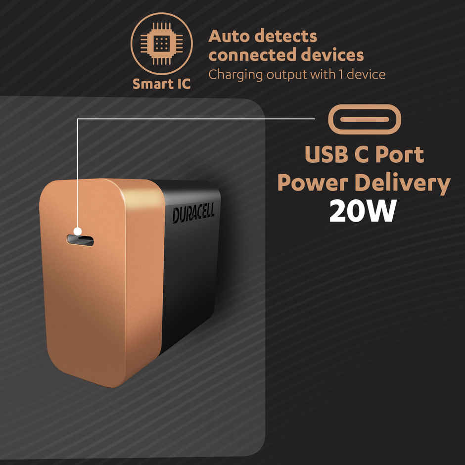 Duracell 20W Fast Wall Charger Adapter, 1 USB C, Fast Charging
