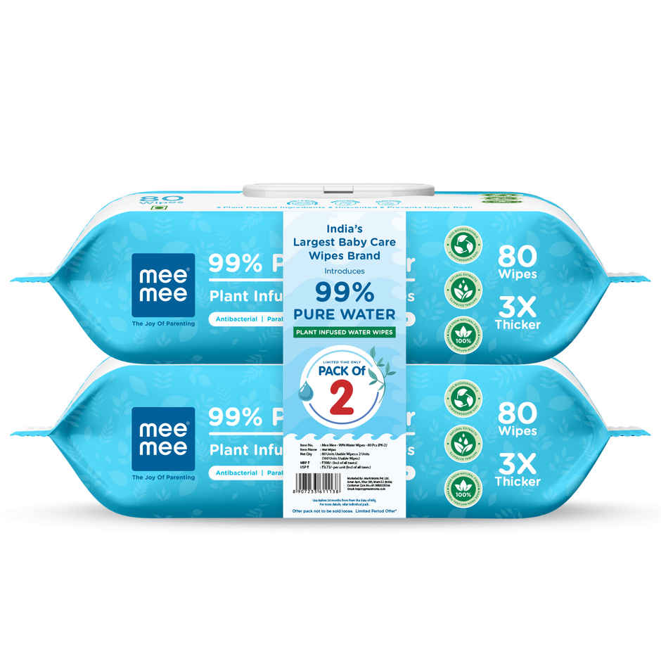 Mee Mee 99% Pure Water Unscented Plant Derived Baby Wipes | 80 Pulls per Pack