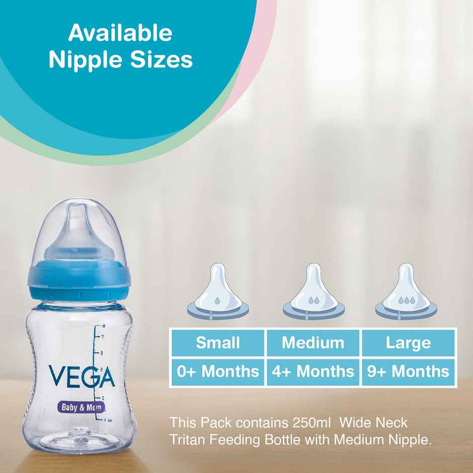 Vega Baby & Mom Tritan Feeding Bottle | 250 ml | Wide Neck - Blue | Bpa-Bps Free | Vbfb4-04