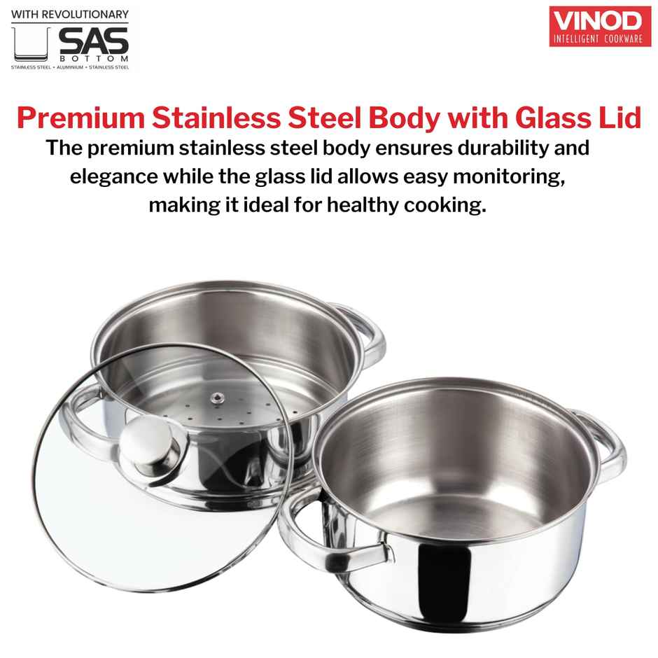 Vinod Stainless Steel 2 Tier Steamer With Glass Lid - 20 Cm (Induction Friendly)